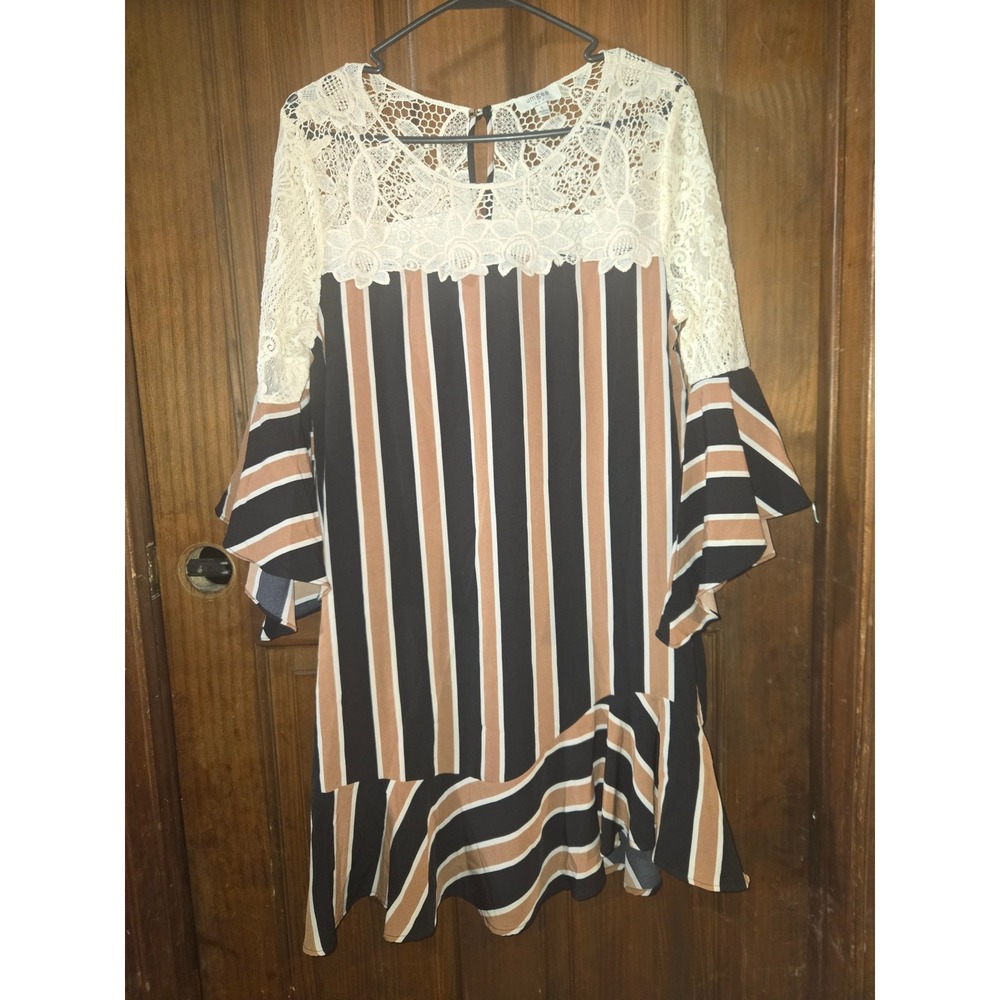 Umgee Boho Lace Yoke Striped Bell Sleeve Ruffle Mini Dress L5090 Large Black Tan - Picture 2 of 6